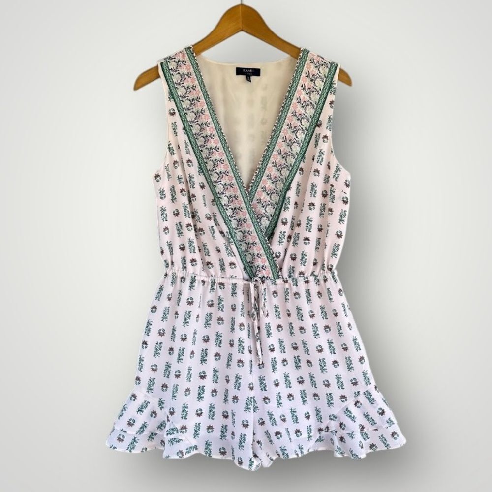 Kaari Blue Pink & Green Floral Sleeveless Romper